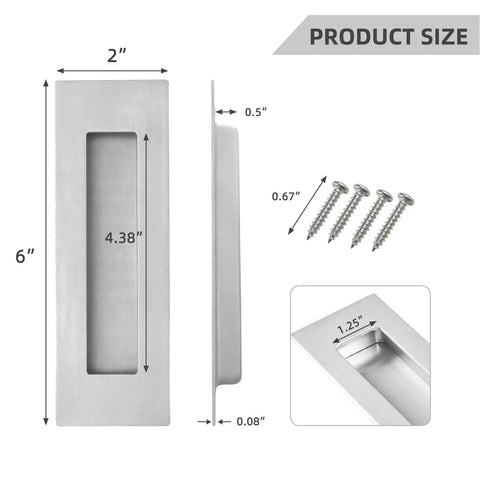 Product size dimensions for Brushed Nickel Pocket Door Handles And Edge Pulls 6 Inch Recessed Finger Flush Pulls with screws