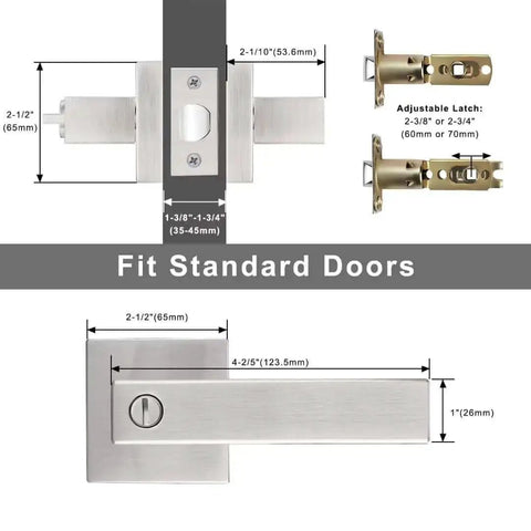 10 Pack Brushed Nickel Privacy Door Levers For Bath And Bedroom, Keyless Interior Door Handles, Square Reversible Design, latch dimensions