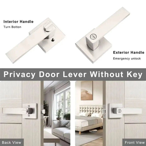 10 Pack Brushed Nickel Privacy Door Levers For Bath And Bedroom, Keyless Interior Door Handles, shown installed, back and front view