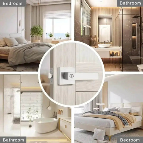 Collage of bedroom and bathroom with 10 Pack Brushed Nickel Privacy Door Levers For Bath And Bedroom, Keyless Interior Door Handles.