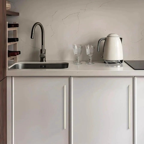 10-inch brushed nickel cabinet pulls on white kitchen cabinets, part of 30 pack 10 inch solid square cabinet pulls in brushed nickel