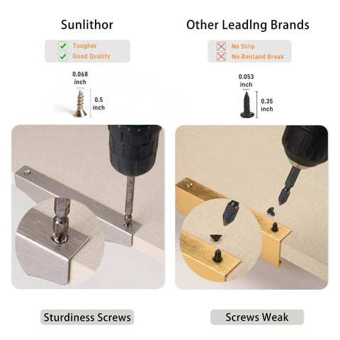Comparison of Sunlithor cabinet pull screws with other brands showing sturdiness differences.