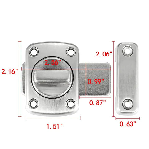 Brushed Silver Rotate Bolt Gate Latches Kit For Doors Cabinets Windows And Pet Doors dimensions view, zinc alloy construction.