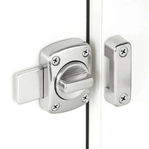 Brushed Silver Rotate Bolt Gate Latches Kit For Doors Cabinets Windows And Pet Doors, close-up of safety lock hardware in use