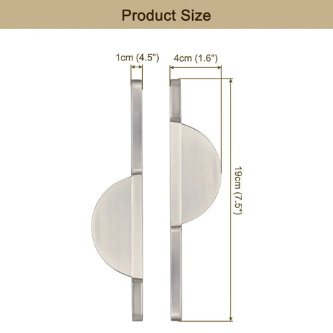 Side view of Two Pack Brushed Silver Semicircle Cabinet Pulls With Two And A Half Inch Hole Centers, seven and a half inch length, product dimensions