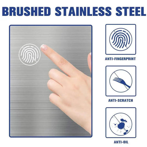 Brushed stainless steel surface, anti-fingerprint, anti-scratch, anti-oil features highlighted, 13 gallon sensor trash can with lid.
