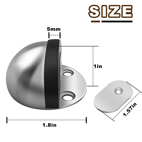 Magnetic Door Stop With Self Adhesive Mount, Brushed Nickel Stainless Steel Floor Stop, size dimensions shown, silver