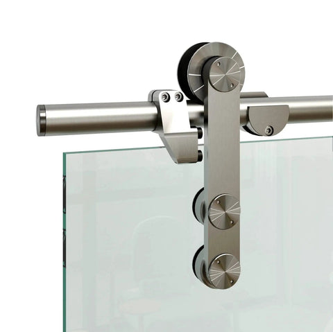 Brushed Stainless Steel Glass Sliding Barn Door Hardware Kit, 6.6 Ft Rail System For Interior Office Partitions, Fits 5/16 To 3/8 Inch Glass