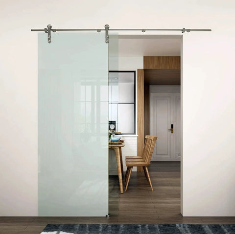 Brushed Stainless Steel Glass Sliding Barn Door Hardware Kit, 6.6 Ft Rail System installed in an office interior partition