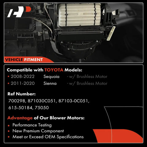 Front Side Brushless HVAC Blower Motor For Toyota Sequoia 2008 To 2022 And Sienna 2011 To 2020 compatibility chart