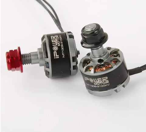 Two iPower brushless motors with labeled casing and visible copper wiring, showcasing front and side views with connecting wires.