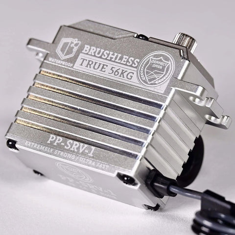 56KG Waterproof Brushless High Torque HV Ultra Fast Digital Servo Full Metal Gears for RC CAR, side view of metal casing
