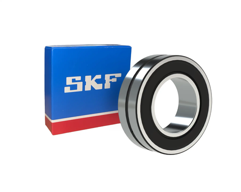 This SKF sealed spherical roller bearing delivers high load capacity in both directions, self aligning to compensate for misalignment and shaft deflection, with low friction and robust protection against contamination, shown with box.
