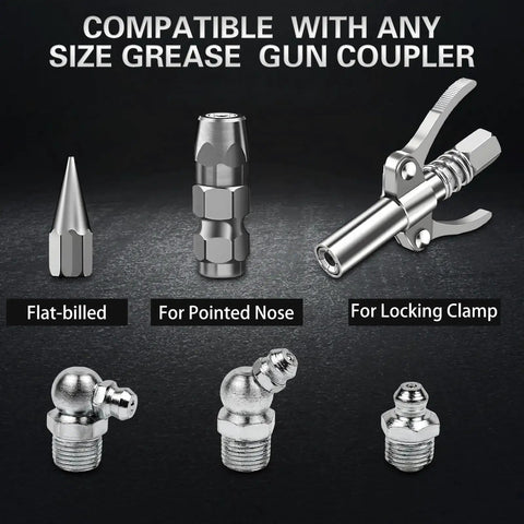 60 Piece Grease Fittings Kit With One Quarter Inch And One Eighth Inch BSP Threads Featuring Ninety Degree Forty Five Degree And Straight Angles