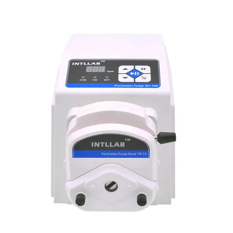 Front view of BT100 Variable Speed Peristaltic Pump with Pump Head YZ15, displaying control panel and pump mechanism.