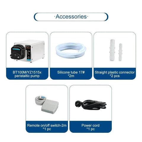BT100M/YZ1515x Liquid Peristaltic Pump with accessories including silicone tube, connectors, power cord, and remote switch.