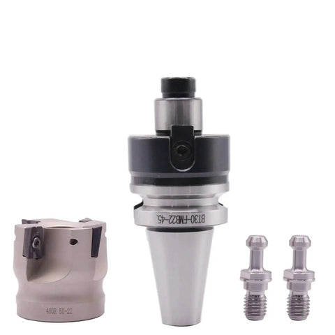 BT30 FMB22-45 Shank Face End Mill Arbor and 400R 50mm CNC End Milling Shell Cutter Set with 10 APMT1604 Carbide Inserts 2 BT30 45 Degree Pull Studs and T15 Wrench Pro Grade Shell End Mill Kit for CNC Milling showing components