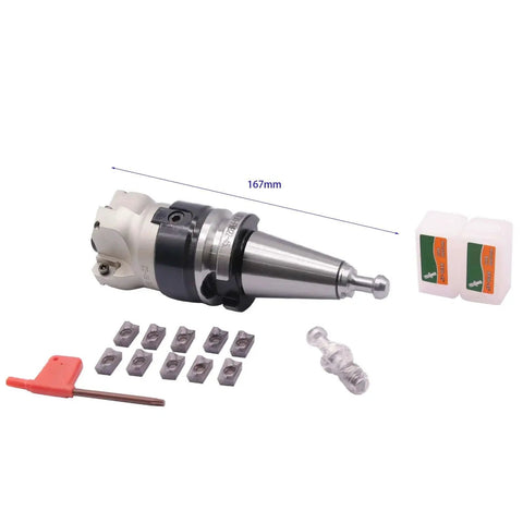 BT30 FMB22-45 Shank Face End Mill Arbor and 400R 50mm CNC End Milling Shell Cutter Set with 10 APMT1604 Carbide Inserts displayed with accessories