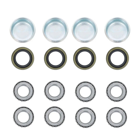 Set Of Four Trailer Hub Kit For BT8 Spindle With 4 On 4 Inch And 1 Inch Round Hubs And Bearing Kit Marine Grade Stainless Steel Built Tough For 2000 Lb Axles Ideal For Boats And Snowmobile Trailers Durable Idler Shaft Hubs showing components