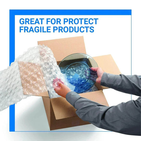Person wrapping a glass dish with Bubble Cushioning Wrap Rolls 12 Inch Wide 72 Feet Total Perforated Every 12 Inches Includes 20 Fragile Stickers