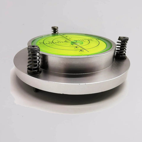 Side view of high precision 100mm bubble level gauge with aluminum housing and green seal for trailers, RVs, and industrial work.