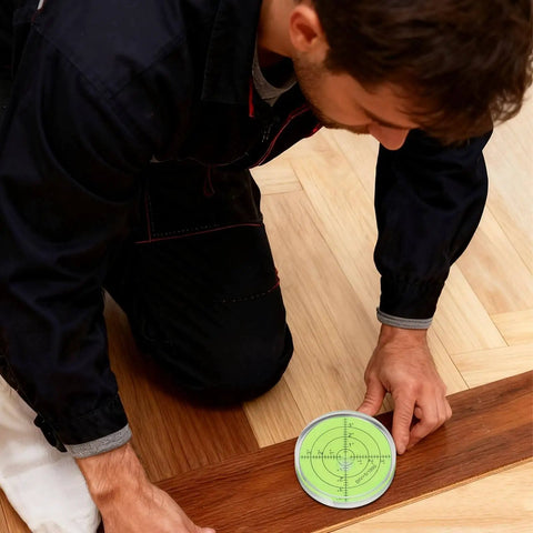 Person aligning floorboard with Five Pack Round Bubble Levels 30x10mm Mini Circular Bullseye Spirit Levels for precise alignment.