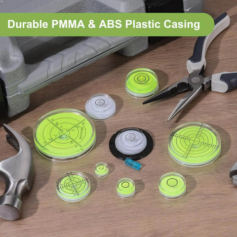 Five Pack Round Bubble Levels 30x10mm Mini Circular Bullseye Spirit Levels with tools, durable PMMA and ABS casing