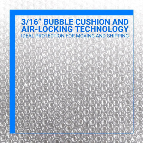 Close-up of Bubble Cushioning Wrap Rolls 12 Inch Wide 72 Feet Total Perforated Every 12 Inches with air-locking technology text