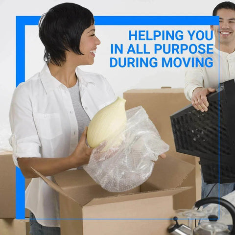 People packing home items using Bubble Cushioning Wrap Rolls 12 Inch Wide 72 Feet Total Perforated Every 12 Inches Includes 20 Fragile Stickers