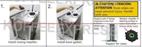 Installation process showing steps to install mixing impeller and bowl gasket on a beverage dispenser with caution instructions.