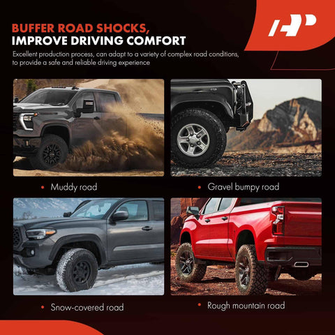 Trucks showcasing buffer road shocks driving on muddy, gravel, snow-covered, and rough mountain roads.