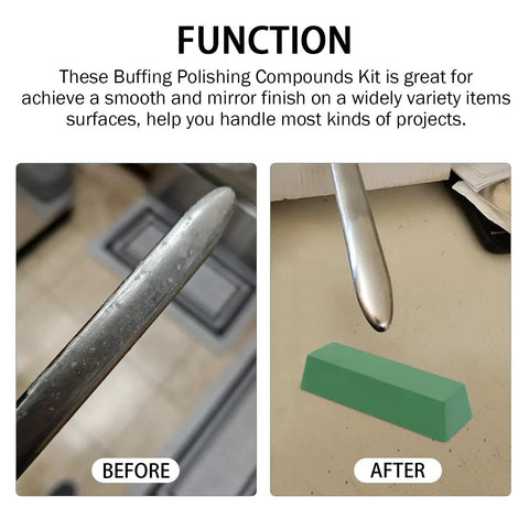 Before and after using three piece buffing and polishing compound kit with green bar for mirror finish on metal