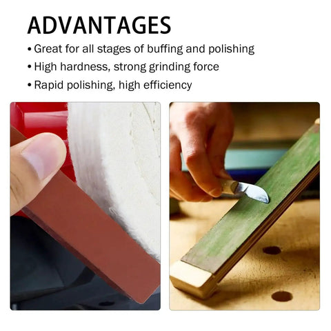 Three piece buffing and polishing compound kit with red coarse bar held beside buffing wheel