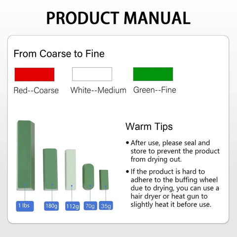 Three piece buffing and polishing compound kit with red coarse, white medium, and green fine bars illustrated with usage tips