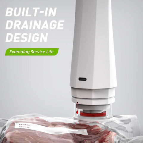 Handheld vacuum sealer, white cordless unit with USB port and built-in drainage, sealing a meat bag.