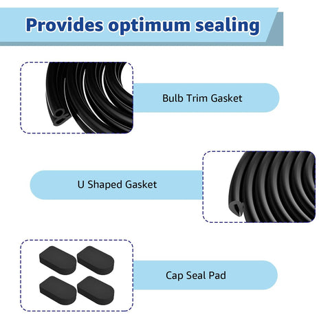 Bilco Basement Door Seal Kit components: 1 black U-shaped gasket, 1 black bulb trim gasket, and 4 black cap seal pads.