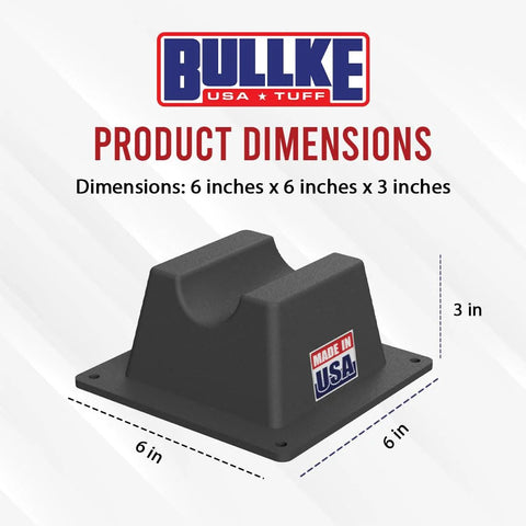 BullKE mini rooftop pipe support, front view, black plastic, 6 x 6 x 3 in, Made in USA