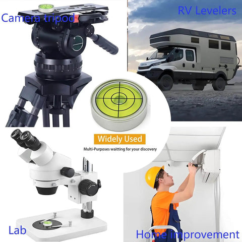 Compact 1.2 inch bullseye bubble level with aluminum alloy housing used in tripods, RV leveling, lab equipment, and home improvement.