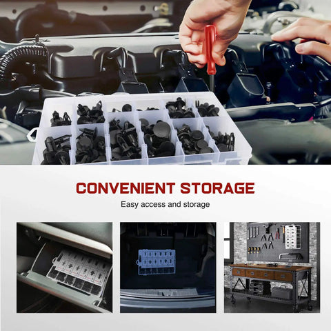 240 Piece Car Bumper Retainer Clips Kit With Plastic Rivets Fasteners For Toyota Honda Acura GM Ford Chrysler Door Trim Panel Clips Heavy Duty Auto Fastener Set Easy Removal Save Time And Money 2 Years Warranty in organized storage case with various compartment views