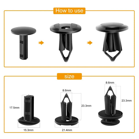 Universal Push Type Bumper Fasteners And Rivet Clips Kit With 150 Pieces showing clip measurements and usage steps by GOOACC
