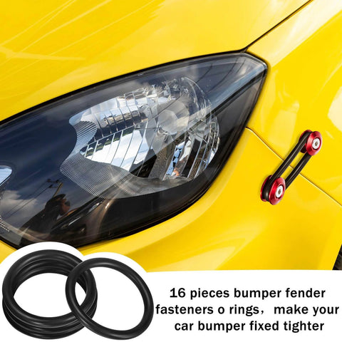 Close-up of 16 Piece Black Bumper Fender Fasteners O Rings Set for car replacement near a car headlight