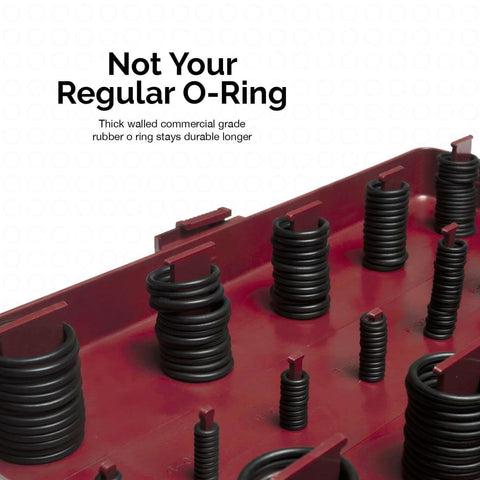 Close-up of Must Have O Ring Assortment Kit With Buna N Rubber Seals, 407 Piece Set, 32 SAE Sizes in a red plastic case