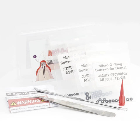 Three Handy Buna-N O Ring Seal Kit With Three Easy Sizes For Mini Dental Implants Replacement, Includes 001 Size 0.029 ID X 0.04 W, 002 Size 0.042 ID X 0.050 W, 003 Size 0.056 ID X 0.060 W, 36 O Rings Total in packages with tool and warning.