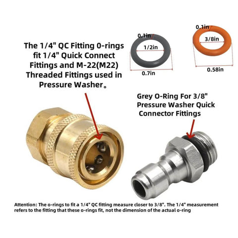 Bulk Pack 50 Quick Disconnect O-Rings For Pressure Washers 1/4 Inch And 3/8 Inch Buna-N Seals shown with fittings and color coding