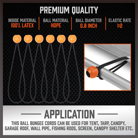 31-Piece Premium Bungee Cord Assortment Kit with latex and HDPE ball ties for securing tarps and gear, shown in application