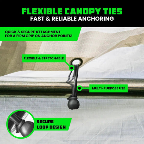 Flexible canopy tie from Heavy Duty Bungee Cord Set With Hooks And Clips 28 Piece Outdoor Tie Down Kit, securing a tarp.