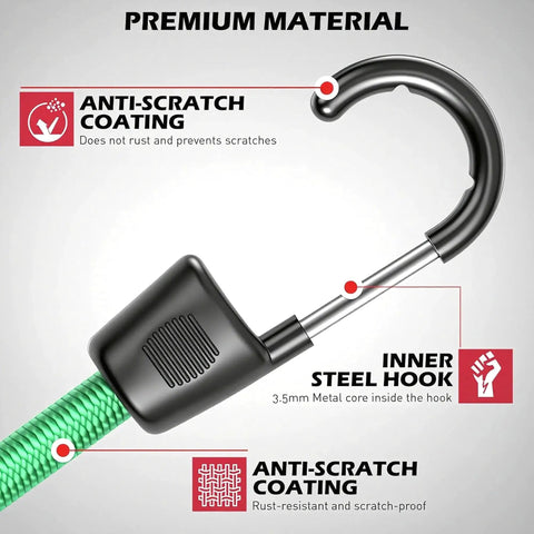 Close-up of 60 Piece Bungee Cords with Hooks Assorted Sizes showing anti-scratch coating and inner steel hook, labeled premium material.
