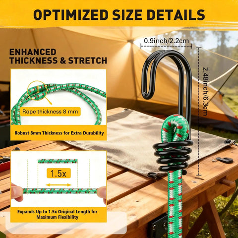 Heavy Duty Outdoor Bungee Cord Set 20 Piece with Premium Rubber Cords and Hooks showing optimized size details and stretch