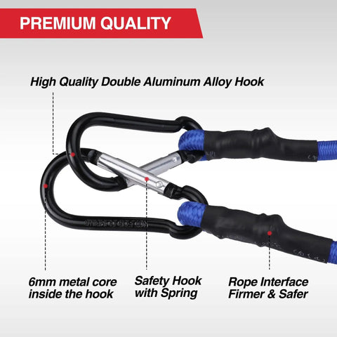 Close-up of 24 Inch Bungee Cords With Hooks 4 Pack Heavy Duty Rubber Core Elastic Straps with double aluminum alloy hooks in blue.