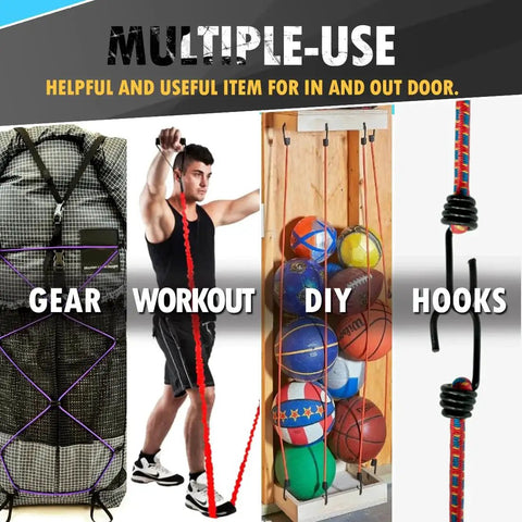 Collage showing One Eighth Inch By Fifty Foot Bungee Shock Cord Rope Marine Grade Heavy Duty Polyester Bungie Elastic Stretch used for gear, workout, DIY projects.